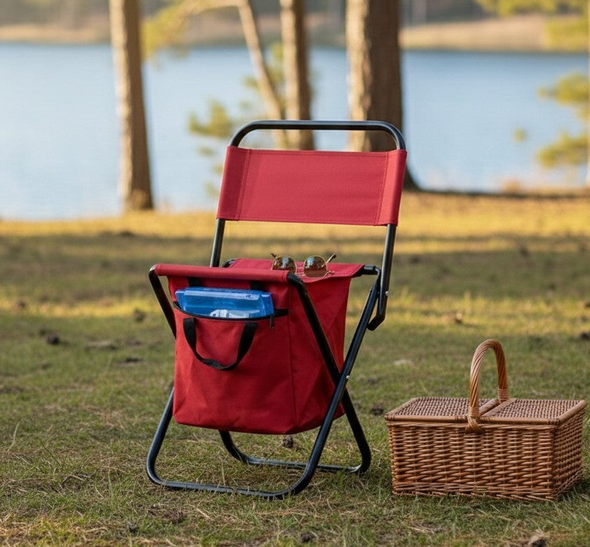 Kid’s foldable camping chair with polyester fabric, steel frame, and side storage pouch