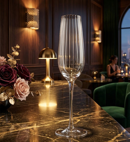 Set of 6 ribbed long stem champagne flutes, 230 ml elegant glassware for celebrations and special occasions. 