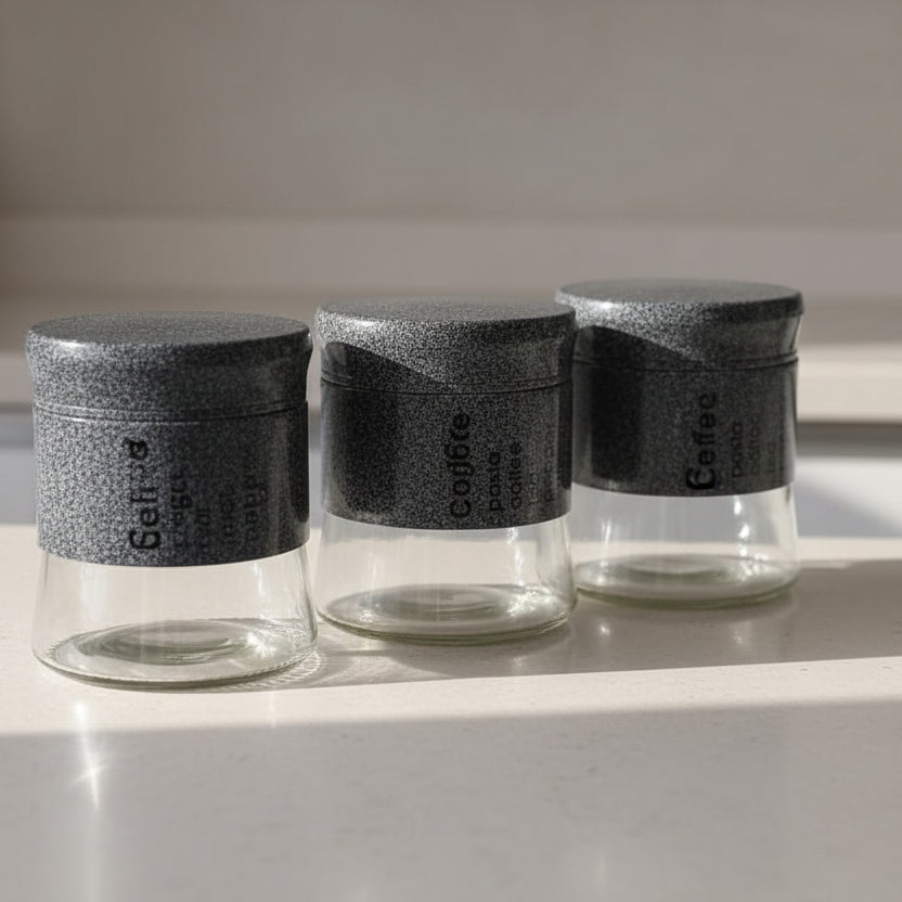 3pcs glass canister set 450ml with metal cover, stylish kitchen storage jars for pantry use.