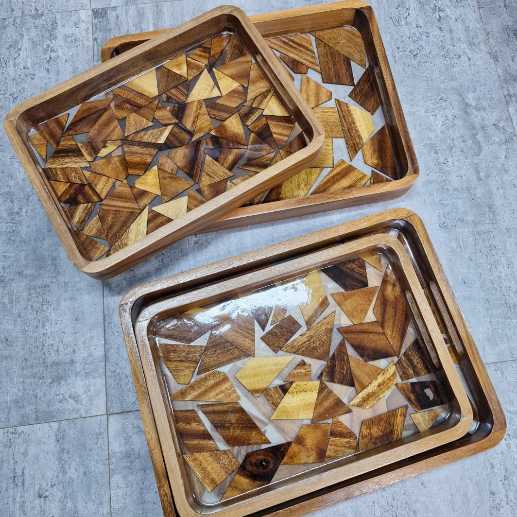 2Pc Elegant Wood Mosaic Serving Tray Set