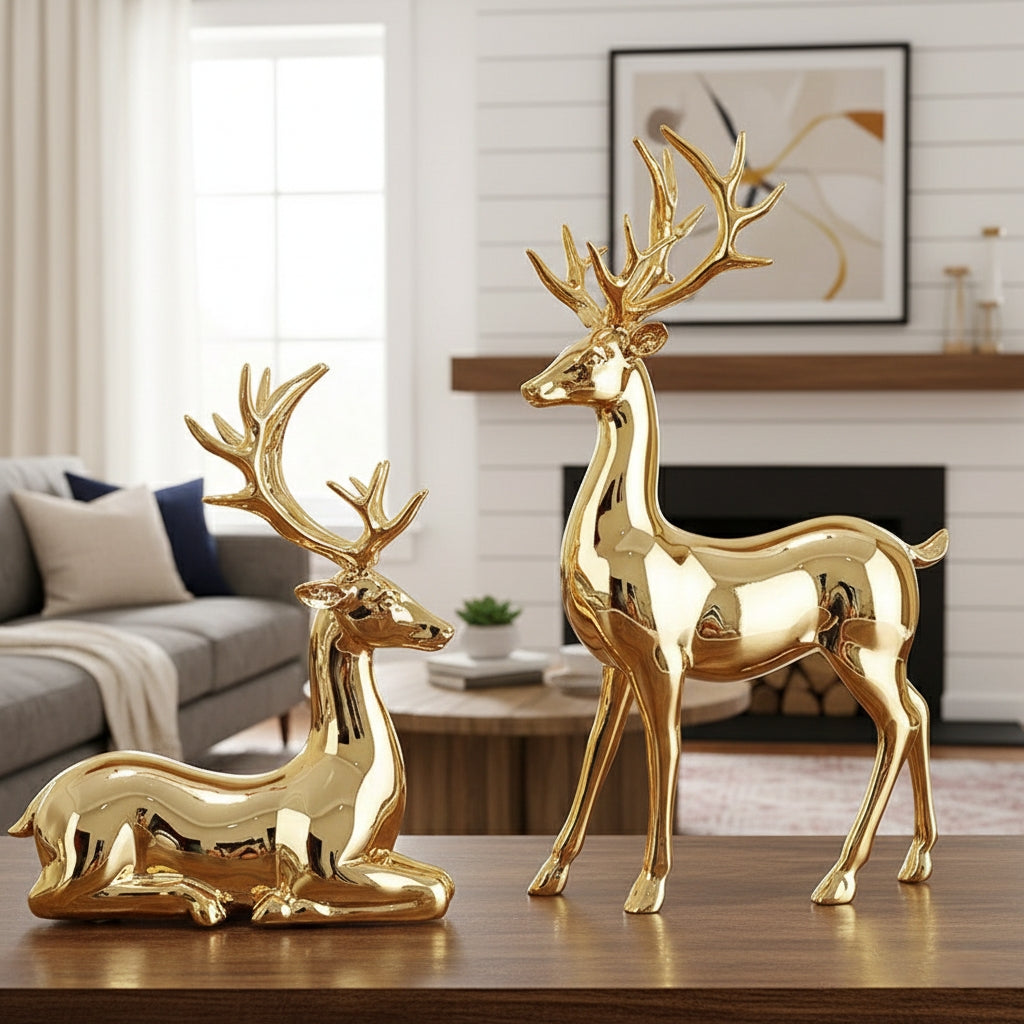 Gold electroplated resin deer décor set of two.