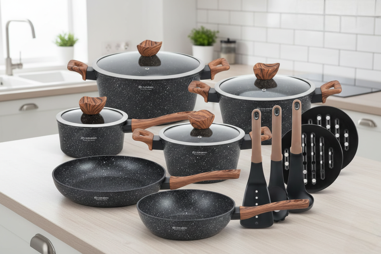 15-piece Cookware set with pots, pans, and lids