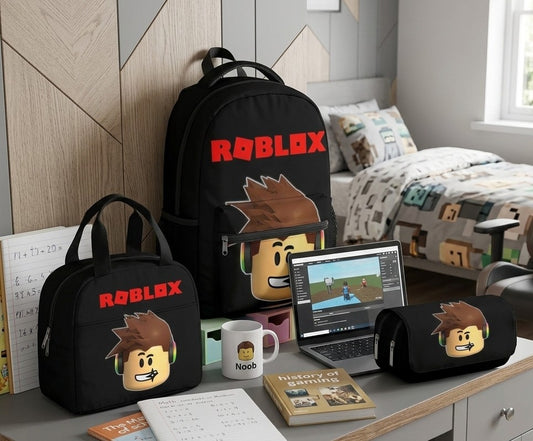 3-in-1 Roblox themed backpack set including large backpack, insulated lunch bag, and double-compartment pencil pouch with character graphics