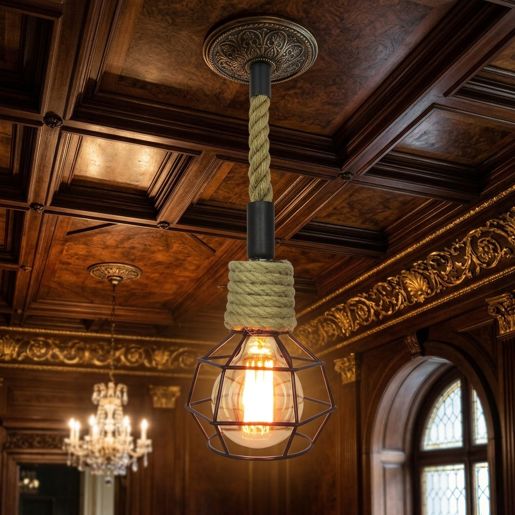 Sisal rope pendant light 1.5 meter with dual E27 holders for rustic decorative lighting