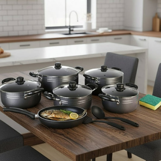 14pc Granite Non-Stick Cookware Set with Glass Lids and Wooden Handles