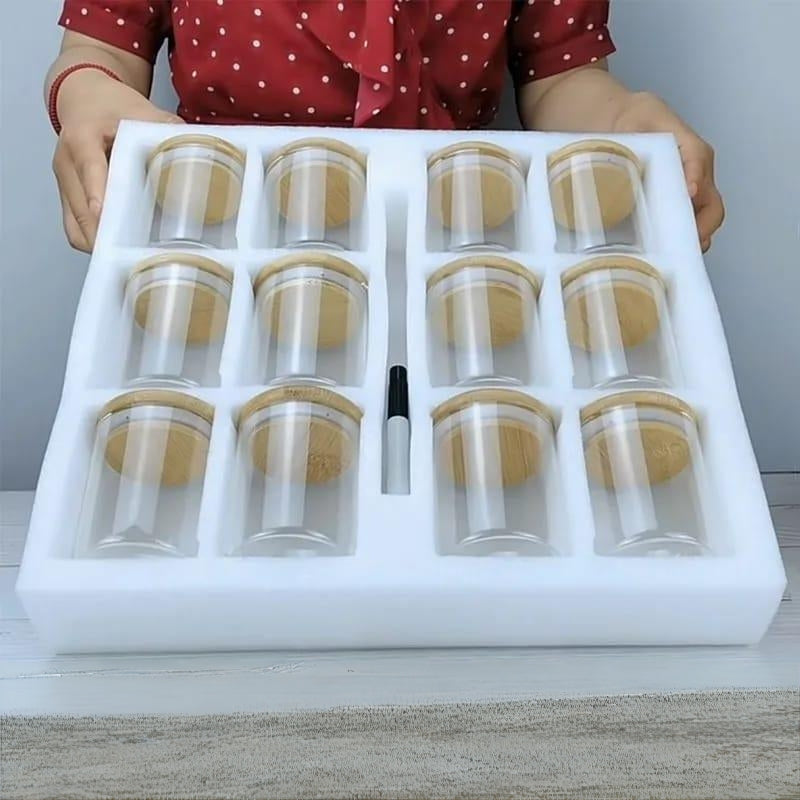 12-piece Round glass spice jar set with bamboo lids, labels, and pen, 300ml each.