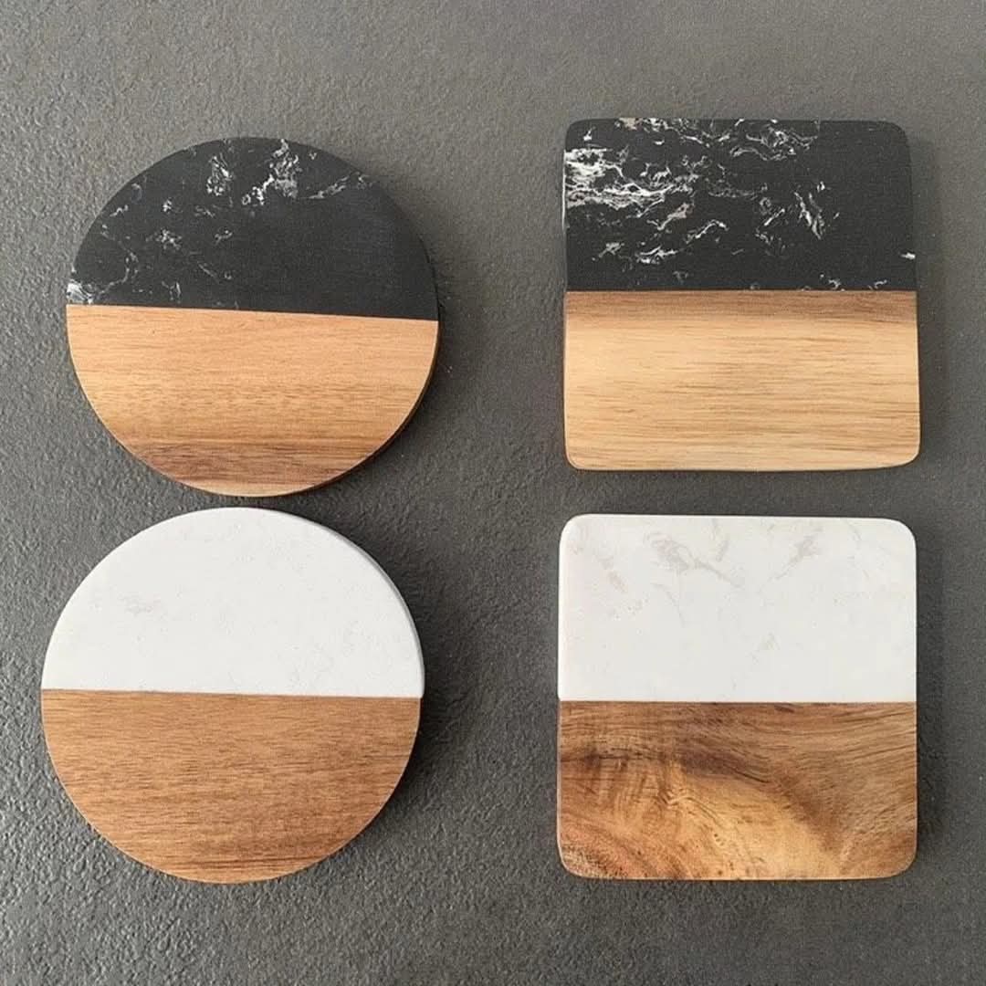 6 pcs Marble Wood Splicing Coasters
