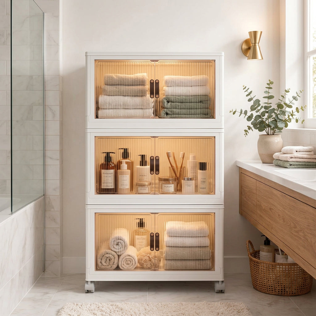 3-Tier Foldable Storage Cabinet with Magnetic Doors and Wheels 76cm
