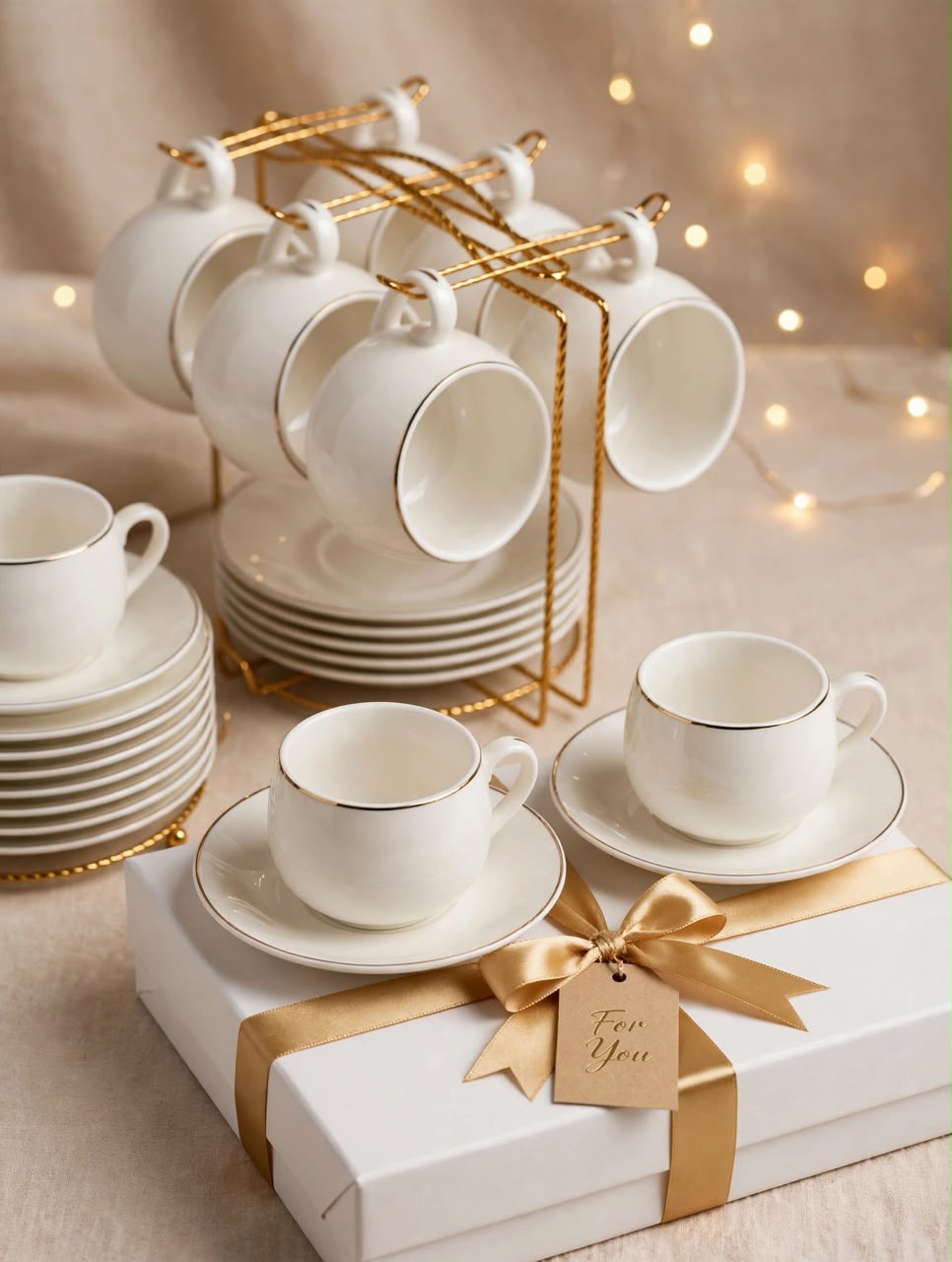 Fine bone china white and gold rim tea set with 6 cups, 6 saucers, and gold stand.
