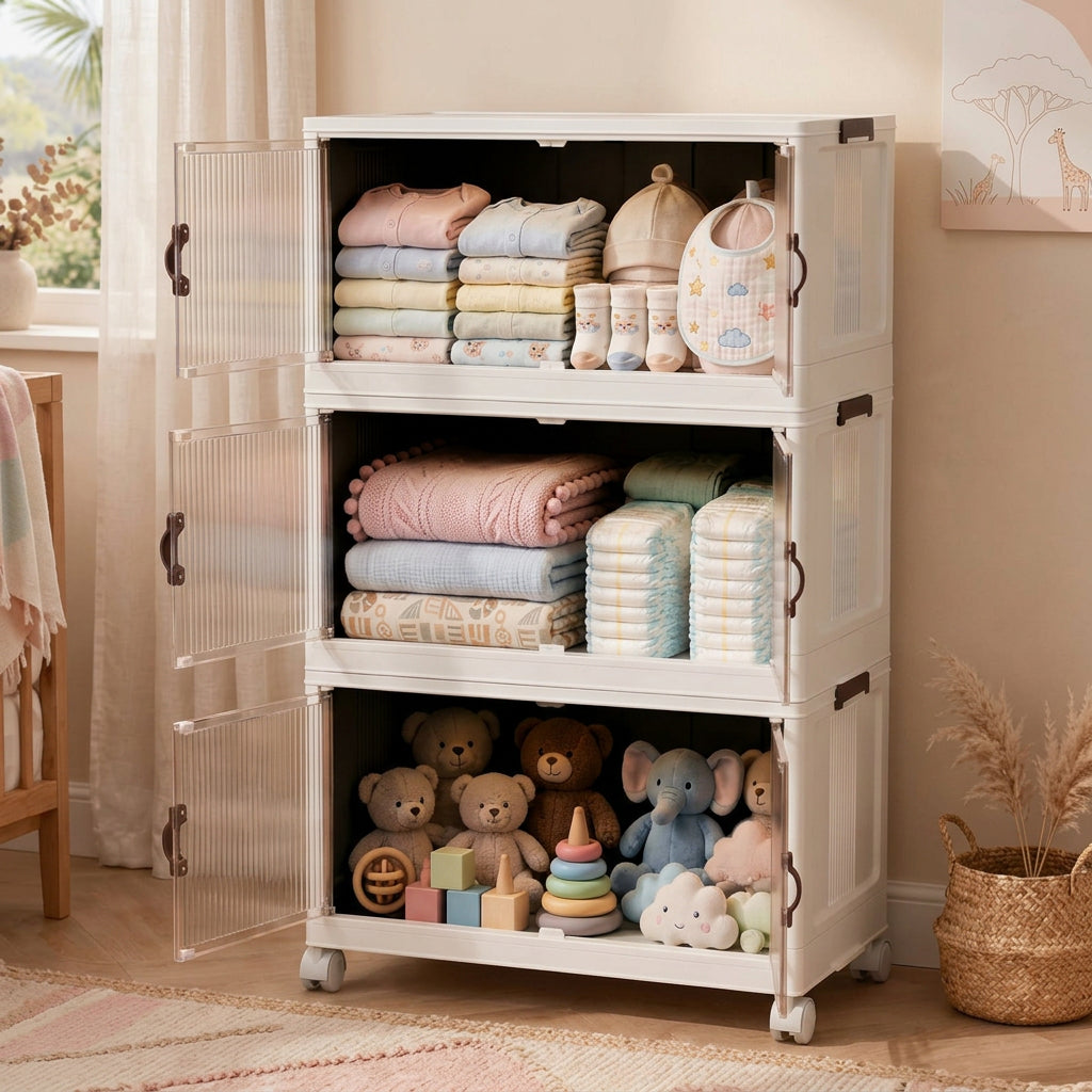 3-Tier Foldable Storage Cabinet with Magnetic Doors and Wheels 76cm