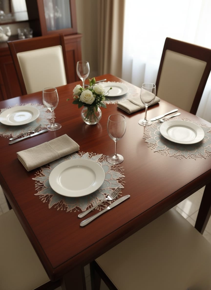 Gold and white Nordic round lace table mats set on a dining table