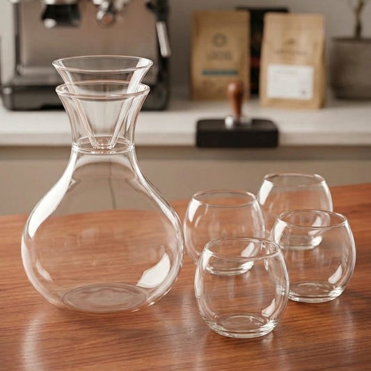 Round glass lemon decanter set with 4 glasses for serving juice, water, and cocktails in an elegant design