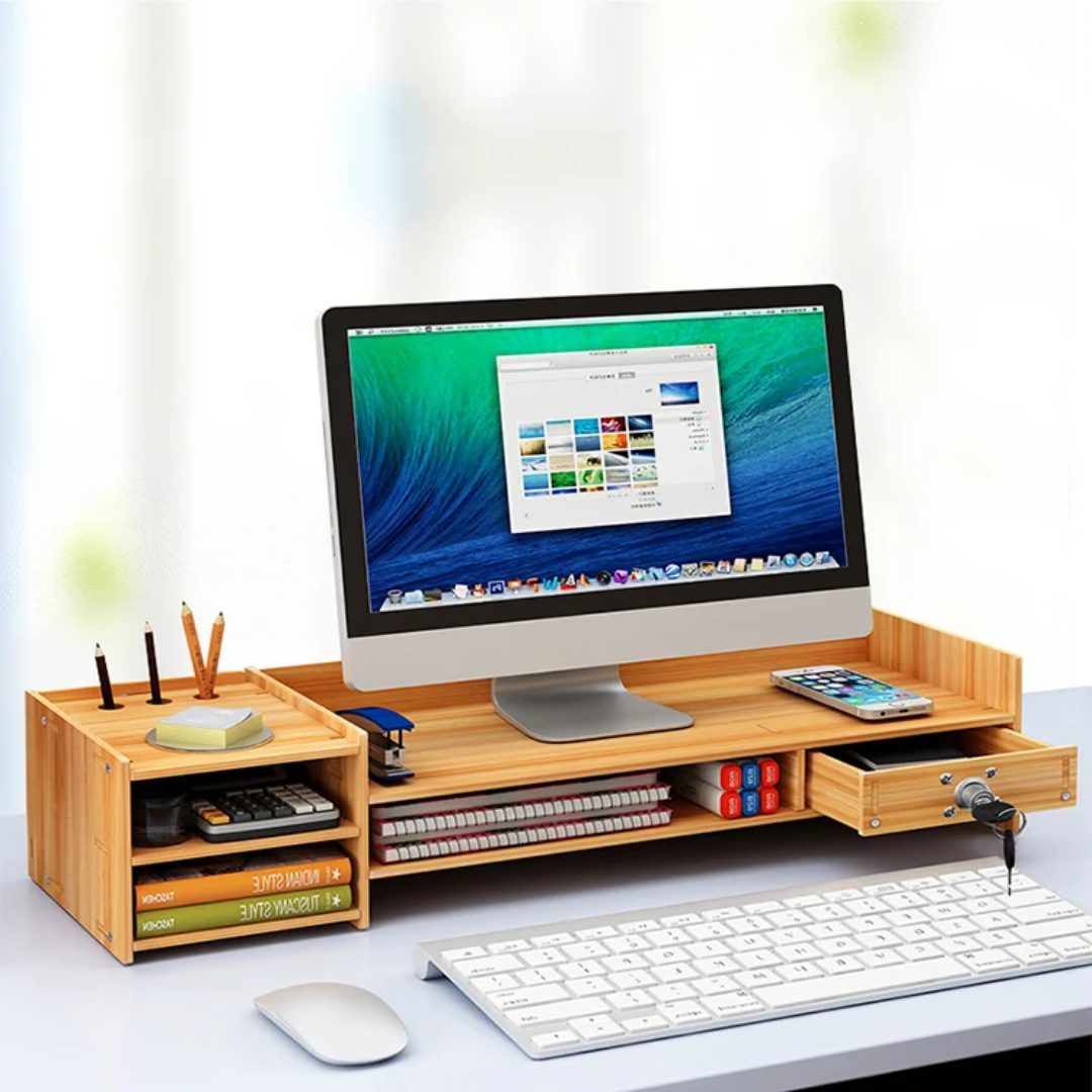 Desktop Bamboo Monitor Stand Riser with Desk Storage Organizer