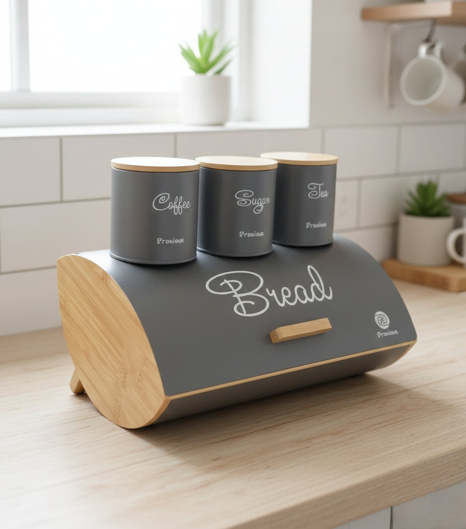 Flip Hemisphere Bamboo Bread Bin with 3 Canisters