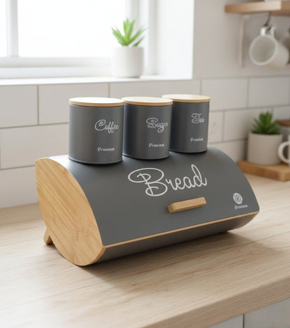 Flip Hemisphere Bamboo Bread Bin with 3 Canisters