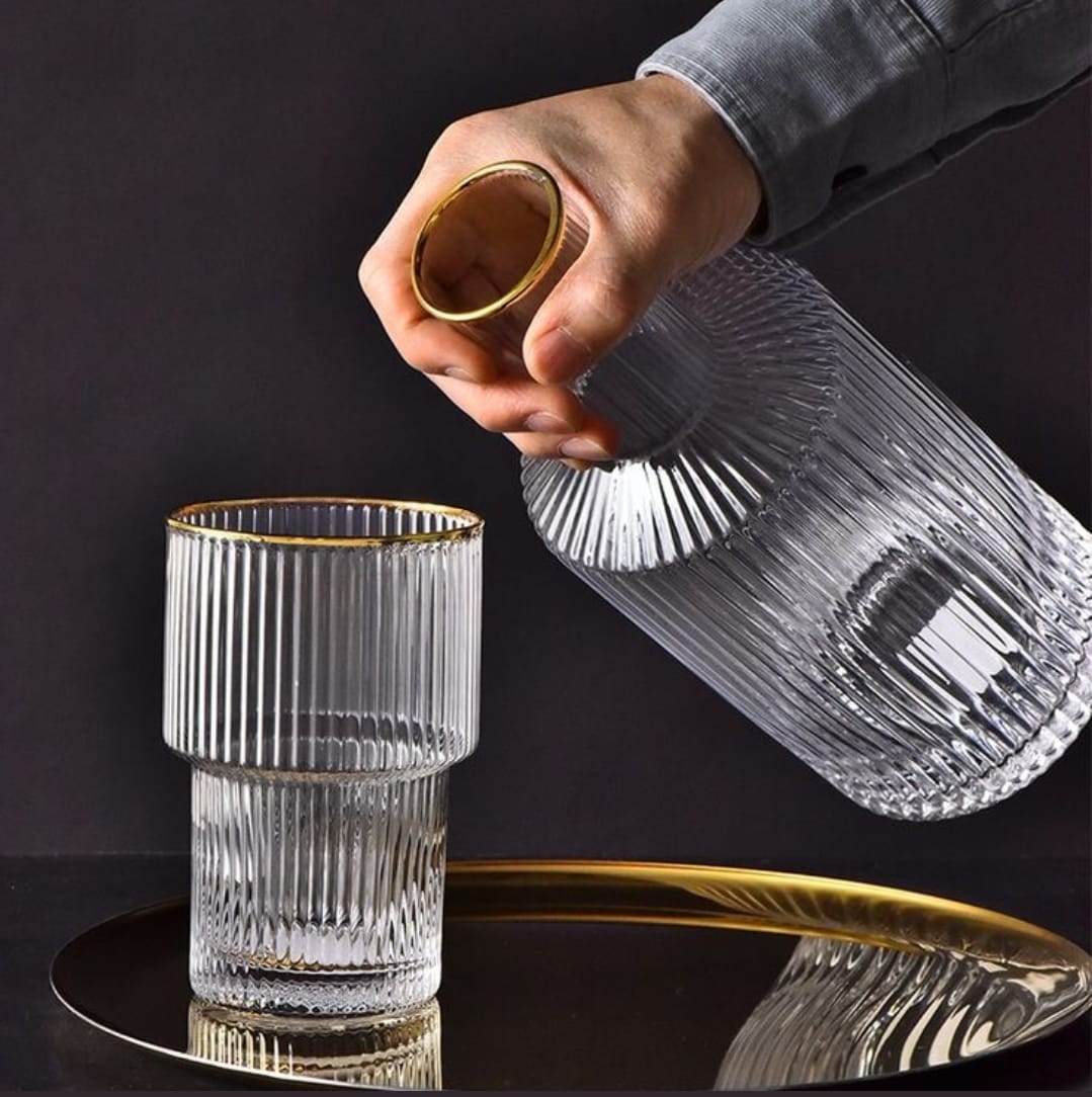 6Pc Ribbed glasses with gold rim  and decanter