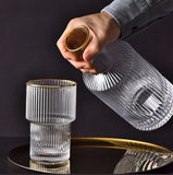 6Pc Ribbed glasses with gold rim  and decanter