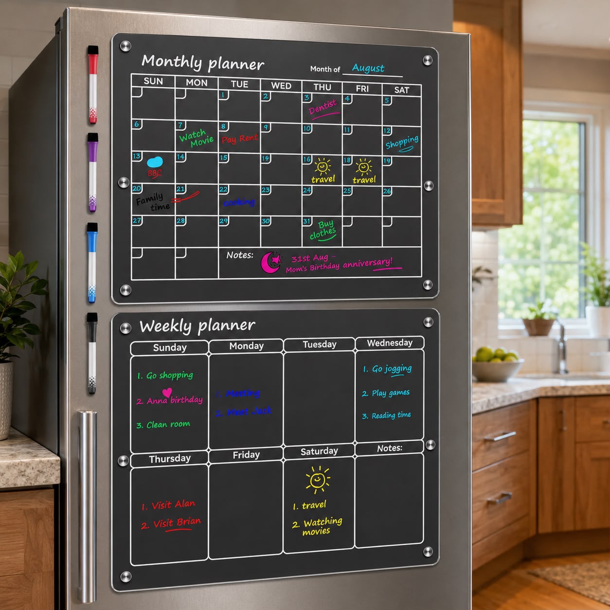 2 piece 40 × 30 cm magnetic acrylic fridge planner set with weekly and monthly layouts, 8 coloured markers, cleaning towel, and magnetic holder.