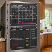 2 piece 40 × 30 cm magnetic acrylic fridge planner set with weekly and monthly layouts, 8 coloured markers, cleaning towel, and magnetic holder.
