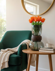 28cm Nordic modern dark glass vase with wooden ring accent, perfect for floral or decorative display