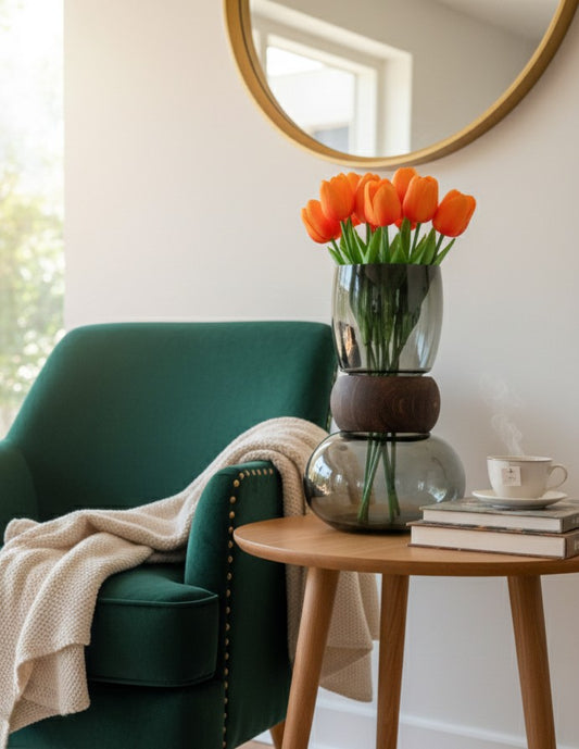 28cm Nordic modern dark glass vase with wooden ring accent, perfect for floral or decorative display