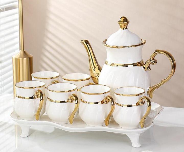 8 Piece Ceramic Tea Set With Golden Rim