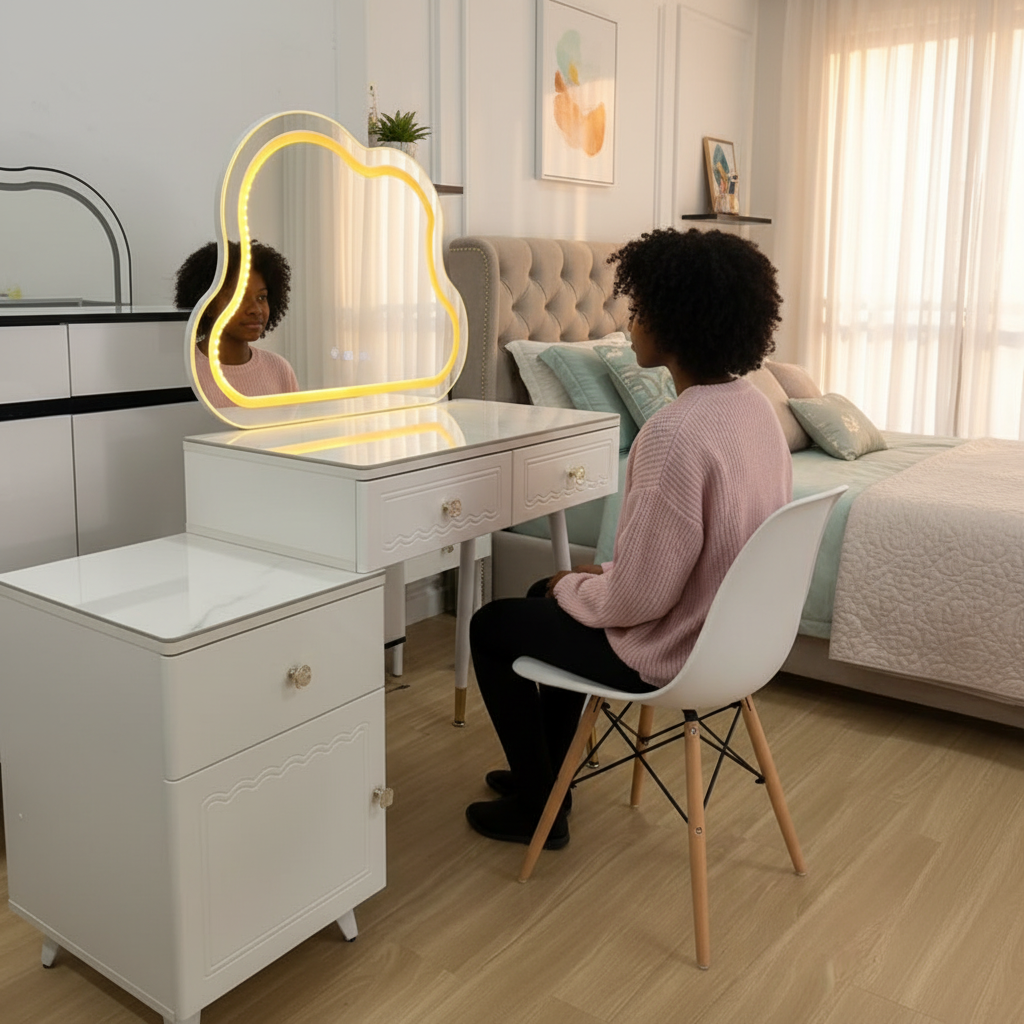 LED Cloud Mirror Vanity Table with  Storage Cabinet