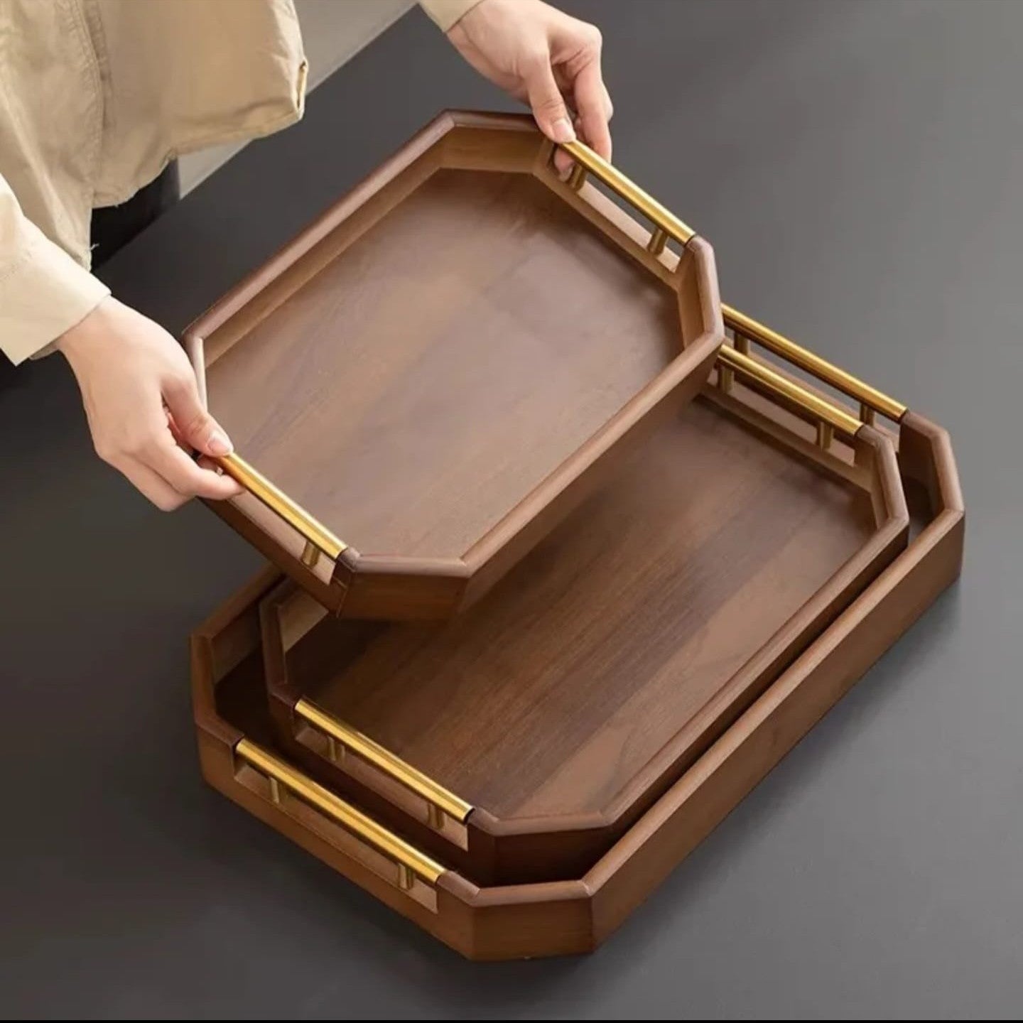 3 piece octagonal serving tray set with raised spill resistant edges for serving food and drinks at home or in commercial settings.