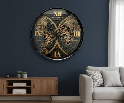 60cm industrial wall clock with world map gear design