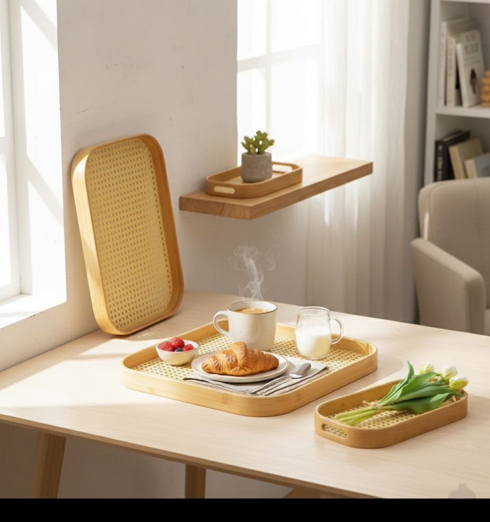 3-Piece Bamboo Serving Trays With Grid Bottom