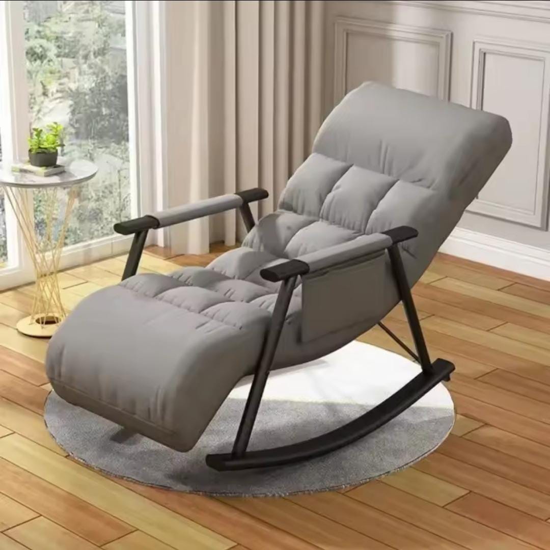 Grey adjustable rocking recliner chair with high backrest, armrests, side pocket, and wooden legs for indoor and outdoor relaxation