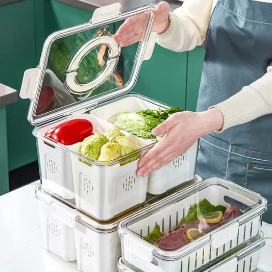 Stackable fridge storage box with dual compartments and draining basket