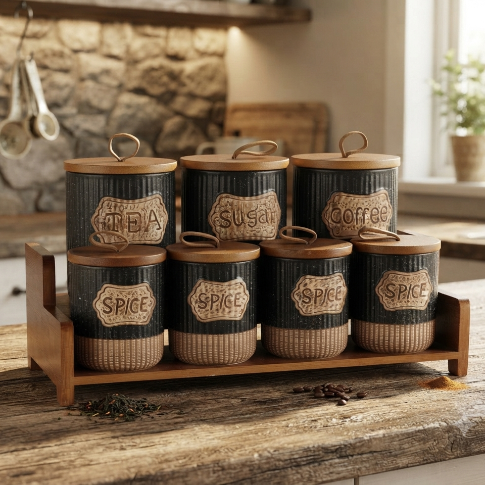 7 Piece Black Rustic Ceramic Canister Set with Wooden Stand