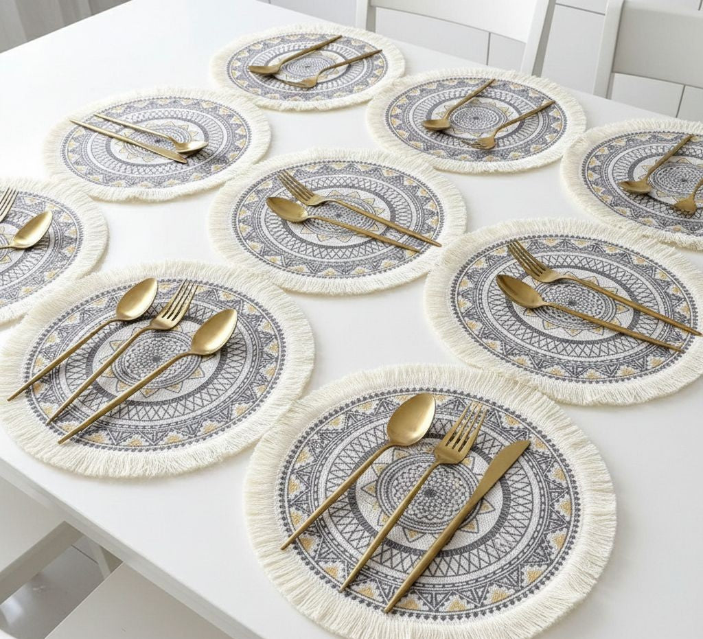 Boho style jute table placemats six piece set with natural woven design