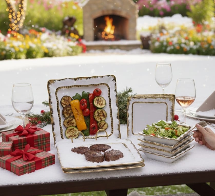 18-piece ceramic dinner set with gold accents, including dinner plates, side plates, and soup bowls.