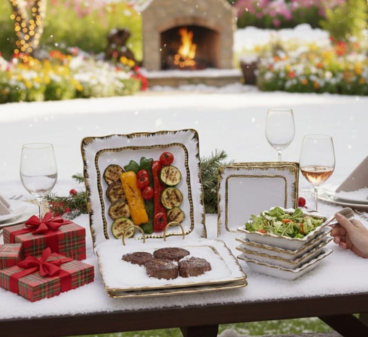 18-piece ceramic dinner set with gold accents, including dinner plates, side plates, and soup bowls.