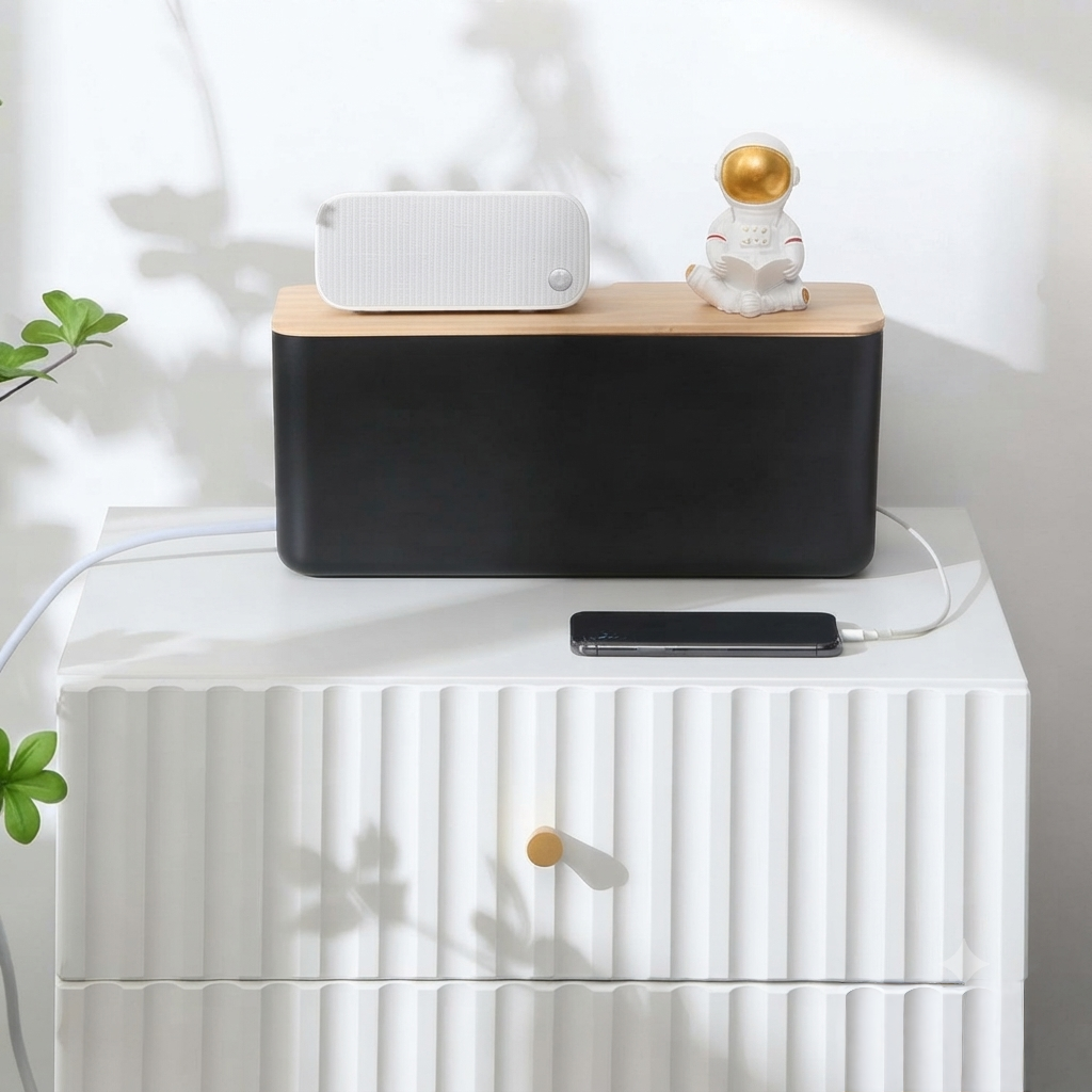 Cable storage box with bamboo lid for organizing charging cables and cords in black and white