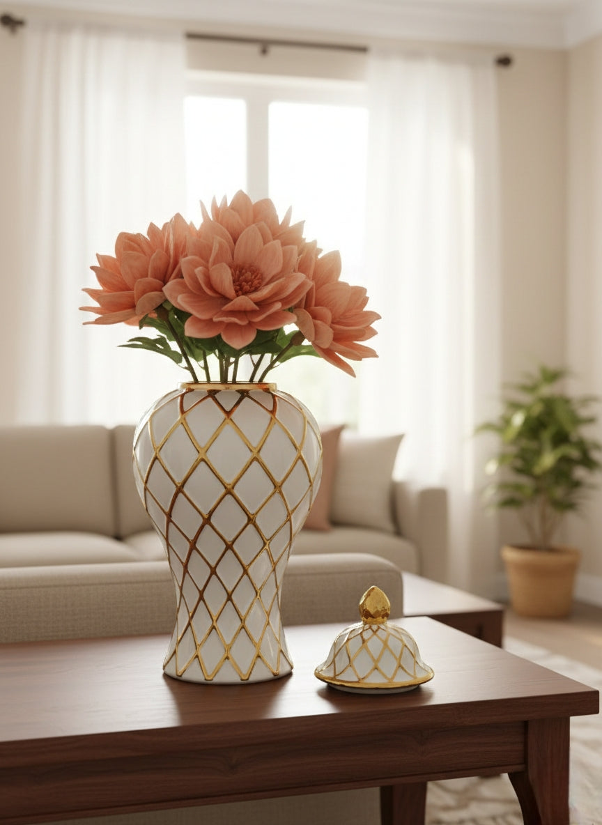 Ceramic Gold Plated White Ginger Vase