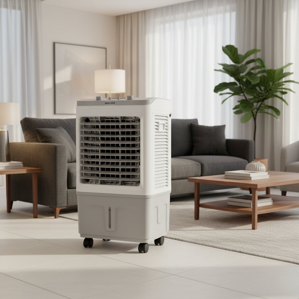 Dawood Lifestyle & Gadgets kes AUX 30 litre portable evaporative air cooler with wheels, adjustable louvers, water tank, and energy-efficient cooling system in white.