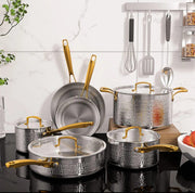 10-piece premium stainless steel cookware set with hammered pattern, including saucepans, frying pans, and casseroles