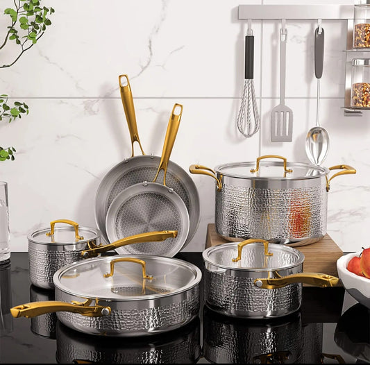 10-piece premium stainless steel cookware set with hammered pattern, including saucepans, frying pans, and casseroles