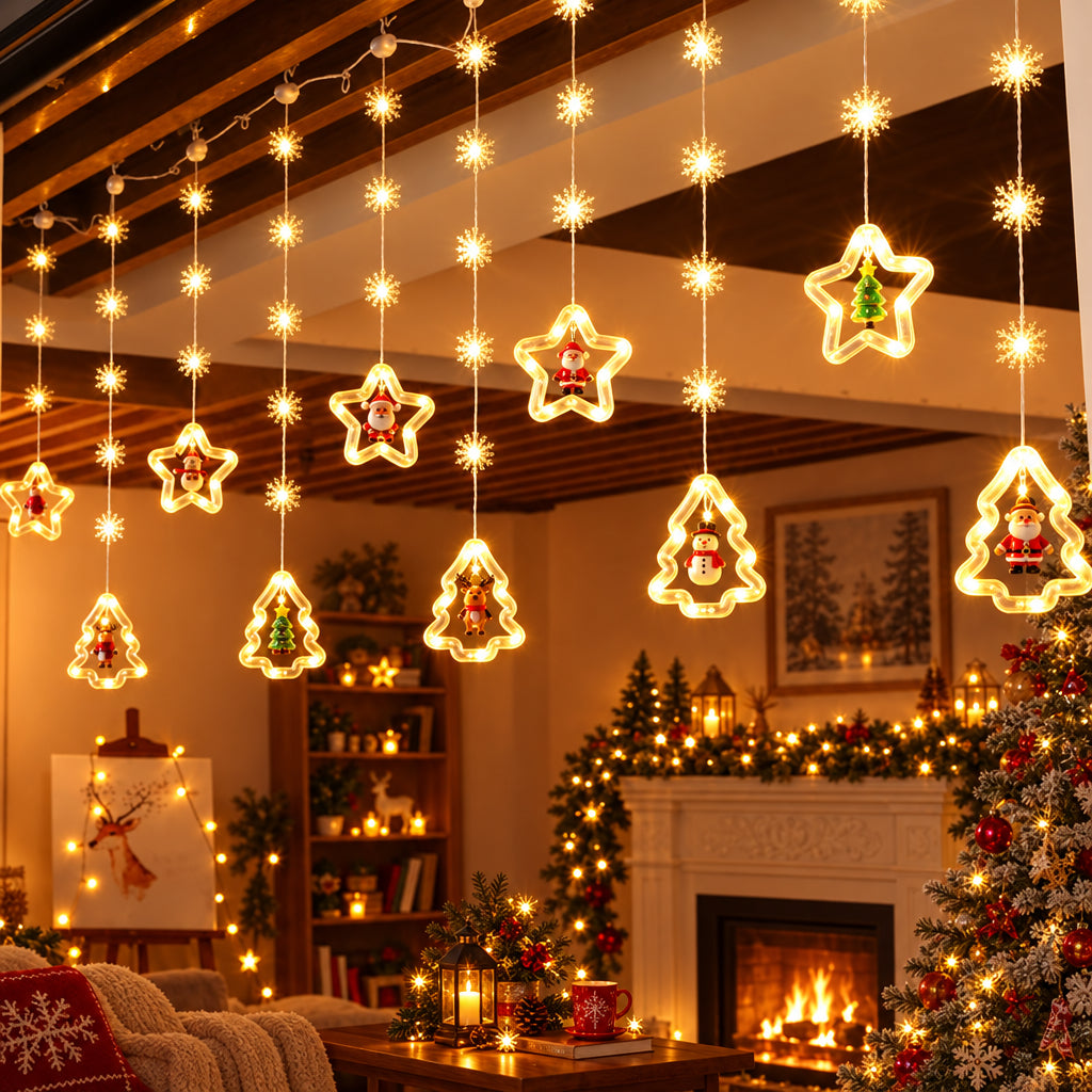Christmas LED Lights with Santa, Snowman, Reindeer & Christmas Tree – 10 Pendants