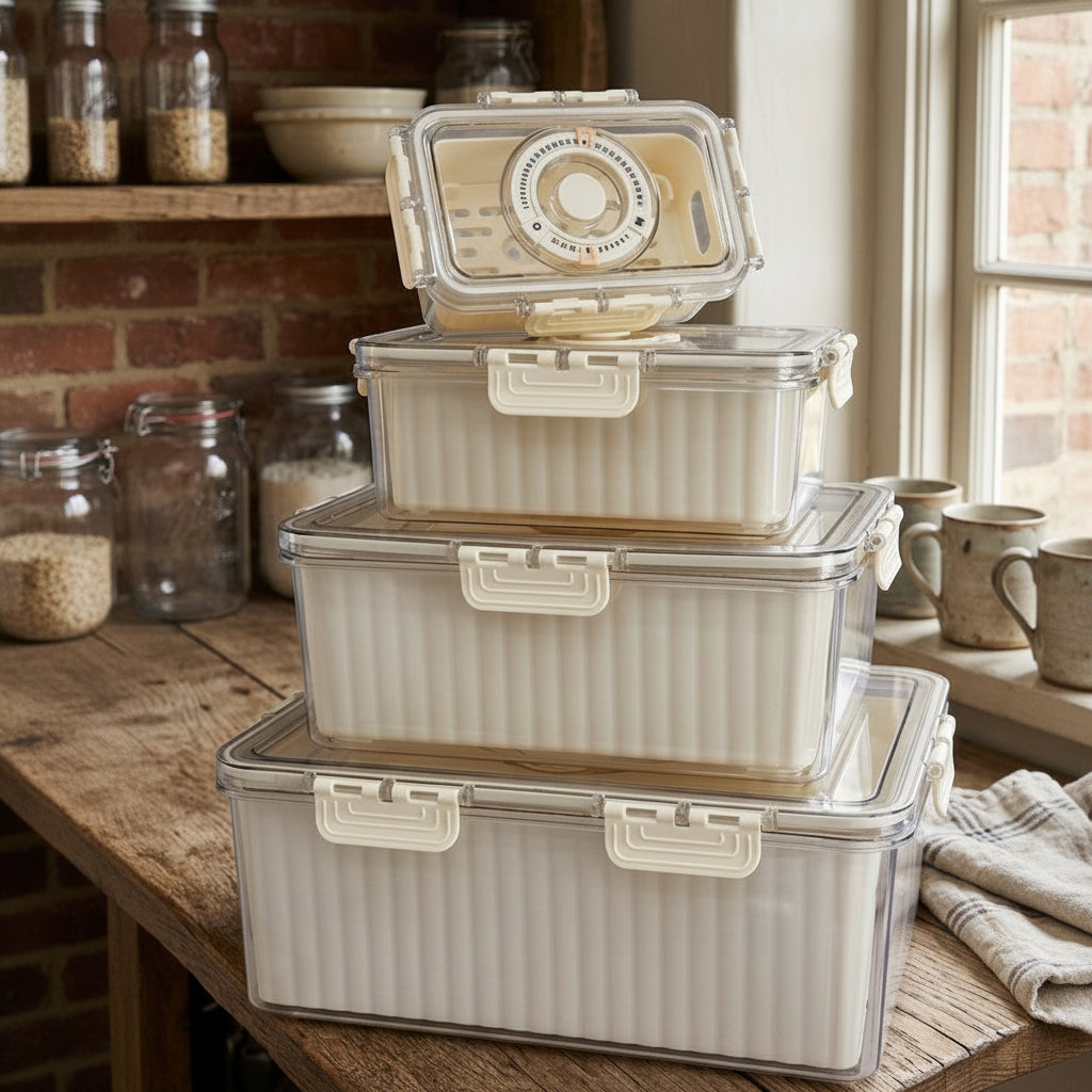 4-piece food grade fridge and freezer storage container set with multiple capacities for fresh food organization.