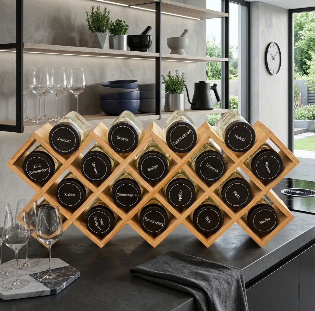 Wooden Spice Rack Set – 18 Glass Jars with Pre-Labelled Stickers