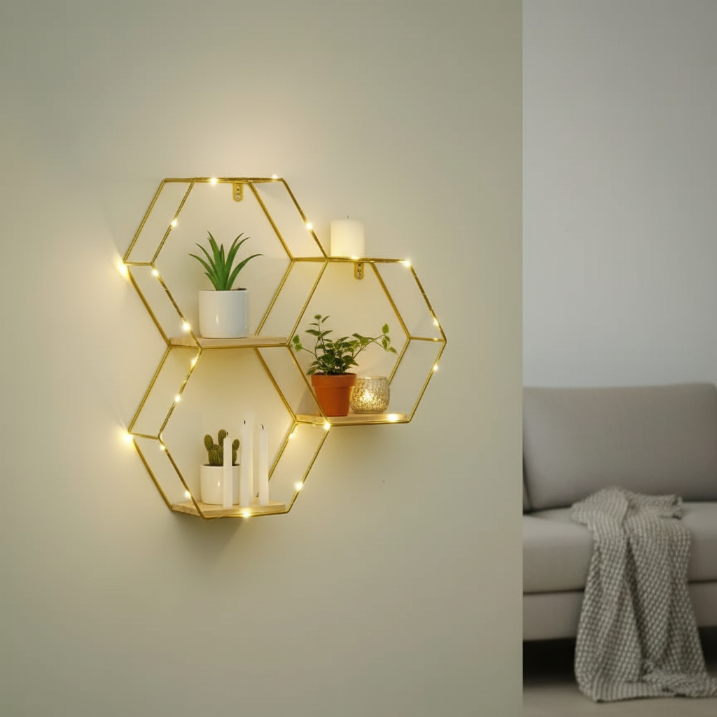 Modern wall-mounted floating shelf with built-in LED lighting for stylish storage and decorative display.