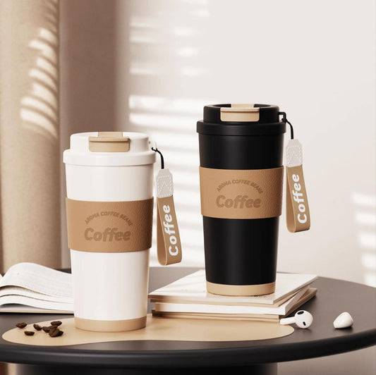 550ml double-wall vacuum insulated stainless steel coffee mug with leather sleeve and straw, keeps drinks hot up to 8 hours