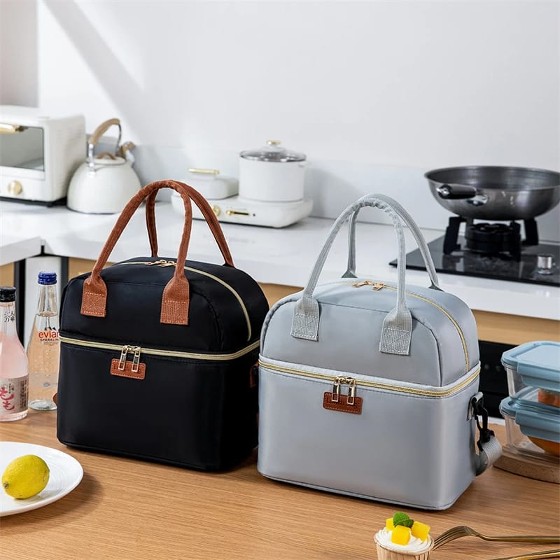 Double layer insulated lunch bag with removable strap in black and grey