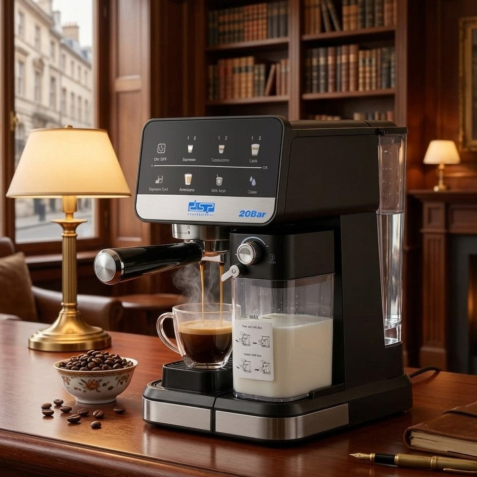Modern espresso coffee maker with 20 bar pump, touch screen control, and automatic milk frother for café-style drinks.