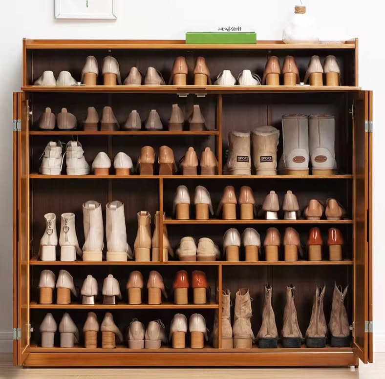 7 layer bamboo shoe cabinet with varied shelf heights and top storage shelf for sneakers heels sandals ankle boots and entryway organisation 117x115x33cm.