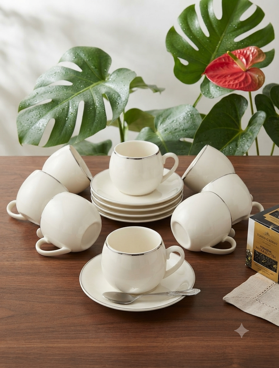 Fine Bone China White and Gold Rim Tea Set with Stand